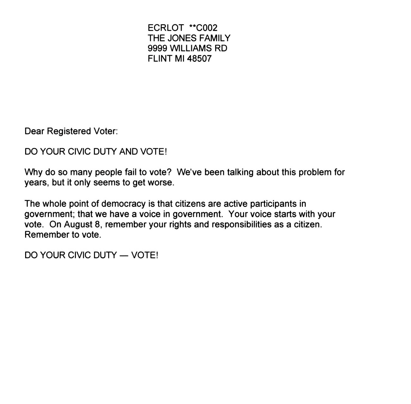 Civic-duty treatment letter urging the recipient to vote as a right and responsibility of citizenship.